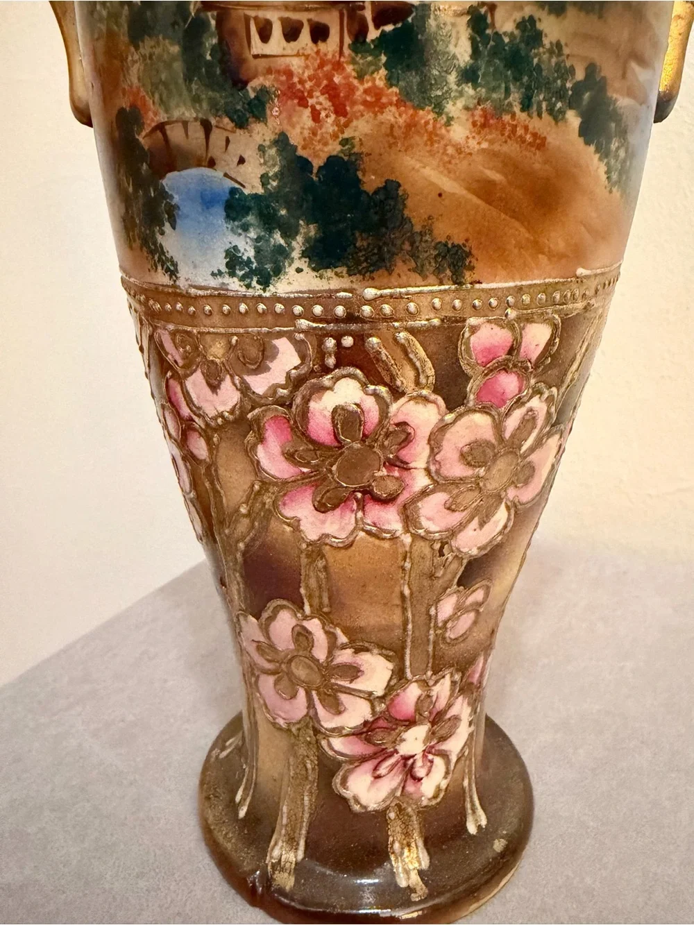 Japanese Nippon-Style Urn, Exquisite Moriage Florals & Landscape Antique 10 inch